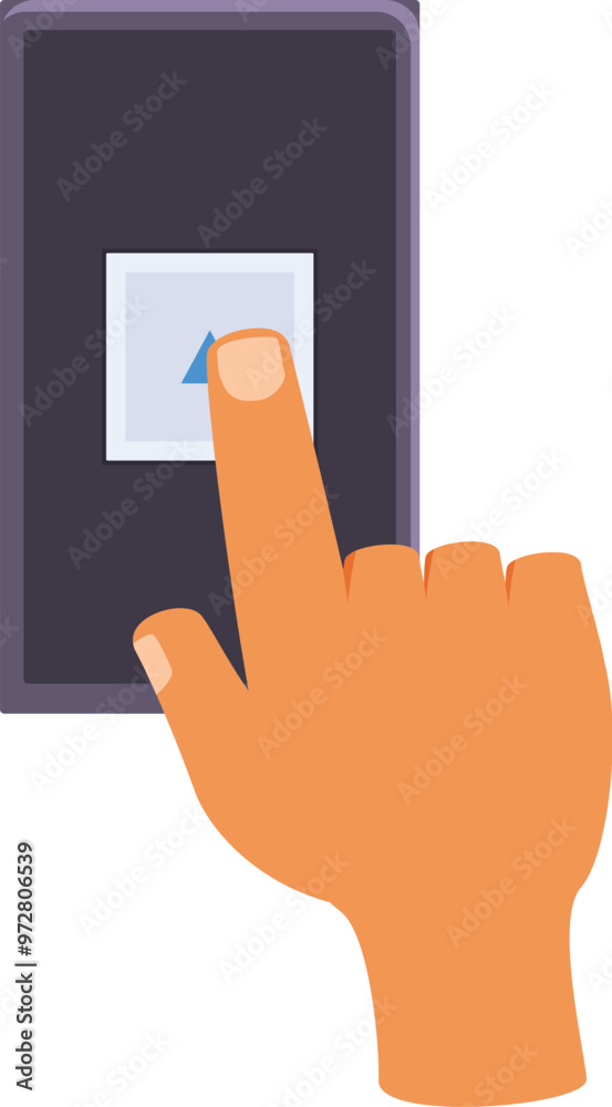 Poster hand is interacting with a device by pressing a button on a control panel