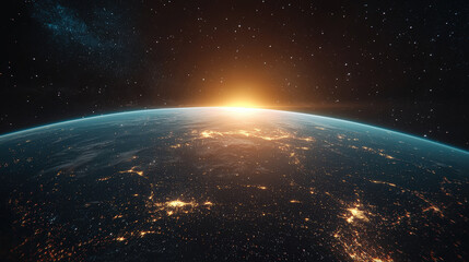 Fototapeta premium A breathtaking view of Earth from space, showcasing vibrant city lights and stunning sunrise on horizon. beauty of our planet is illuminated against backdrop of cosmos