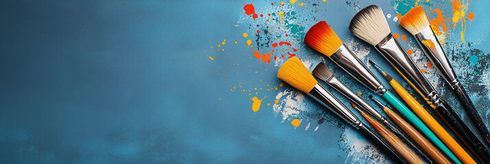 Obraz premium Art brushes lying on a blue surface covered in colorful paint splatter