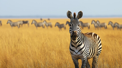 Obraz premium A zebra standing in a golden grassy field, with a blurred herd in the background.