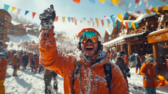 Man wearing orange snowboard jacket raising fist at a ski resort