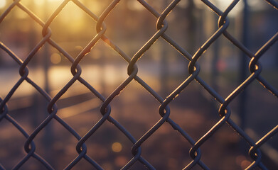 Naklejka premium A close-up of a metal chain-link fence with soft sunlight in the background.