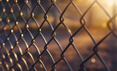Fototapeta premium A close-up of a metal chain-link fence with soft sunlight in the background.