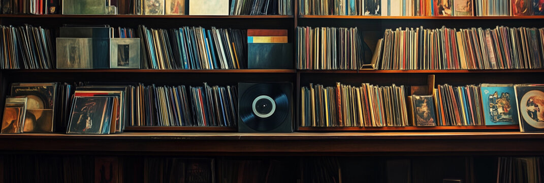Retro vintage vinyl record collection DJ home studio wooden shelves banner copy space nostalgic analog vibes music archive classic grooves banner background



