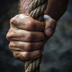 Obraz premium A close-up of a person's hand gripping a rope tightly, veins bulging, symbolizing the intense struggle to hold on