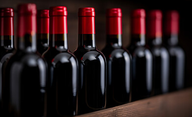 Rows of red wine bottles neatly arranged with vibrant red caps, displayed on a wooden shelf.
