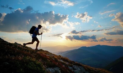 Fototapeta premium hiker conquering mountainous terrain, symbolizing exploration and the human spirit's endurance.