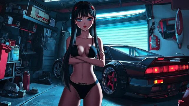 Anime-Style Woman in Garage with Sports Car