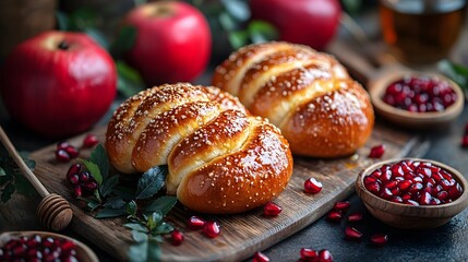 A festive spread featuring round challah, apples with honey, and pomegranates, arranged beautifully for Rosh Hashanah.