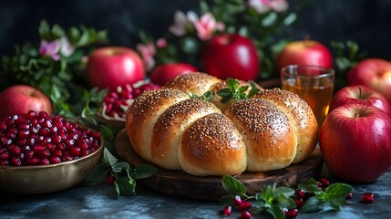 A festive spread featuring round challah, apples with honey, and pomegranates, arranged beautifully for Rosh Hashanah.