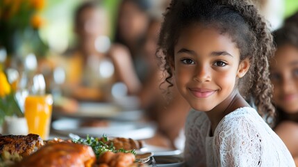 A diverse family gathered around a beautifully set table, sharing a traditional Rosh Hashanah dinner, with vibrant holiday foods.