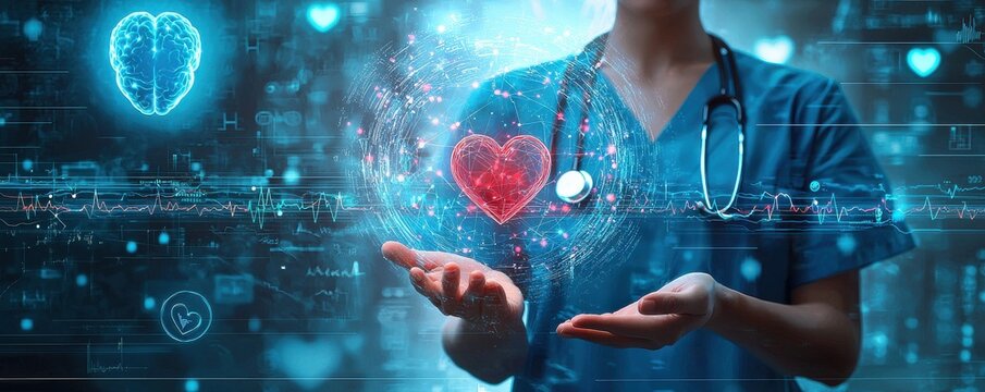 Nurse in blue scrubs holds a glowing heart hologram, symbolizing healthcare, technology, and compassionate care
