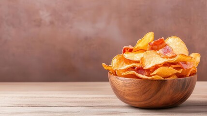 Crispy baked potato chips with bacon and cheese seasoning, served in a snack bowl, snack food, bacon-flavored chips