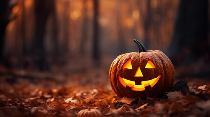 Festive and playful Halloween scene with small carved pumpkins on the left side against a dark background, enhanced by orange bokeh light orbs in the foreground.A lively autumn atmosphere wallpaper