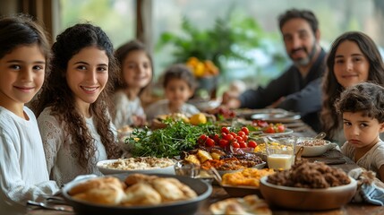 A diverse group of family members sharing a meaningful Yom Kippur break fast, with a table filled with traditional holiday foods.