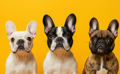 Fototapeta premium Three French Bulldogs sitting in a row on a yellow background, each with a unique coat pattern.