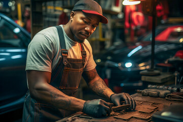 Black mechanic carefully repairing in his workshop