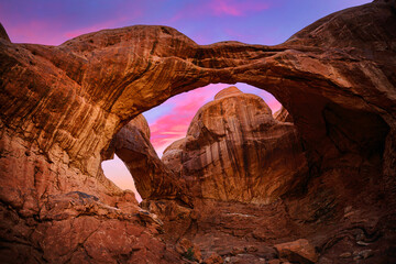 Double Arch, natural sandstone rock formation, at the Arches National Park in Moab, Grand County,...