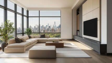 contemporary living space sleek minimalist living room with oversized smart tv featuring neutral tones clean lines and large windows overlooking a city skyline