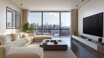 Fototapeta premium contemporary living space sleek minimalist living room with oversized smart tv featuring neutral tones clean lines and large windows overlooking a city skyline