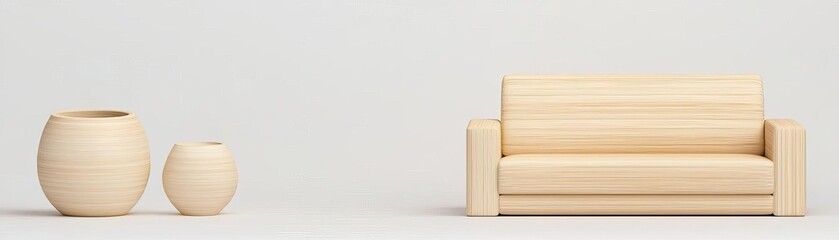 Minimalist wooden furniture set featuring a sleek sofa and stylish planters, perfect for modern interior design.