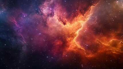 Fototapeta premium cosmic nebula swirling with vibrant red orange and violet hues dark starry background ethereal glow mesmerizing space phenomenon spanning vast celestial expanse
