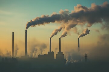 A silhouette of a power plant with smoke billowing out of the chimneys against a hazy sunset sky.