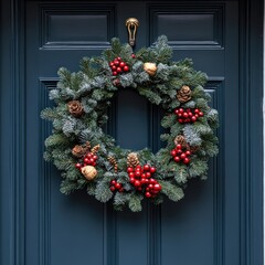 Obraz premium Christmas Wreath with Red Bow Hanging on Window