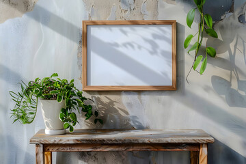 Blank landscape wooden frame with small houseplant, painting, or artwork display mockup. Generative Ai.