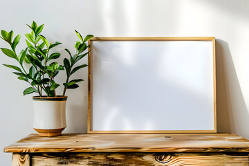 Blank landscape wooden frame with small houseplant, painting, or artwork display mockup. Generative Ai.