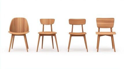 Collection of four stylish wooden chairs showcasing unique designs and minimalist aesthetics for modern interiors.