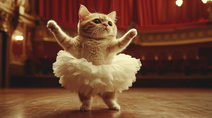 The cat dances ballet in the theater.