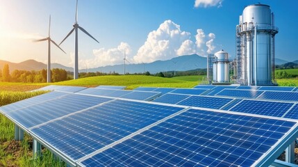 Solar energy storage hub, advanced battery units, futuristic green energy infrastructure