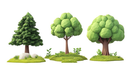 Three low-poly trees with green foliage, grass, and white rocks on a black background.