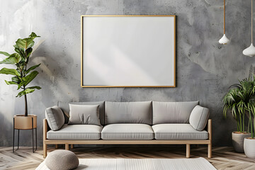Blank wooden picture frame mockup on wall in modern interior. Horizontal artwork template mock up for artwork, painting, photo or poster Mock up. Generative Ai.