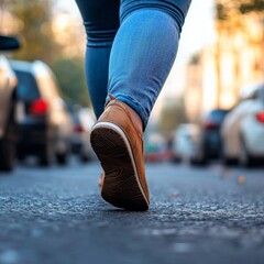 Obraz premium A close-up of a plus-sized person's legs as they walk confidently down the street, embracing their journey with every step