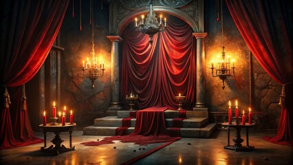 * Dark and moody vampire's lair red velvet curtains candles dripping blood