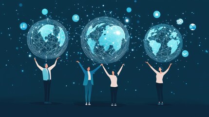 Fototapeta premium People holding globes with business icons, AI