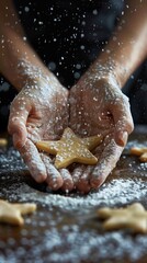 Hands making star-shaped cookies with powdered sugar, festive holiday baking in kitchen scene