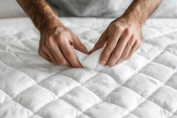 Artistic close-up of hands carefully tucking the corners of a sheet under the mattress, symbolizing attention to detail Tucking sheets, Organized bed making