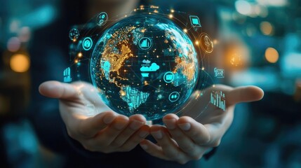 Fototapeta premium People holding globes with business icons, AI