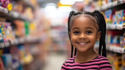 Smiling child in a colorful store aisle.