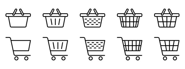 shopping bag icon set online purchase shopping cart trolley symbol outline style