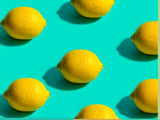 Fresh yellow lemons on turquoise background with space for your text
