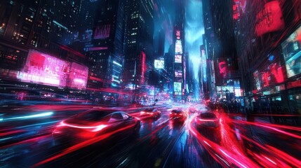 Obraz premium cyberpunk cityscape at night with glowing red and blue light trails mapping out traffic and pedestrian flows