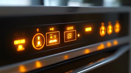 Close up of a Modern Oven Control Panel with glowing orange lights