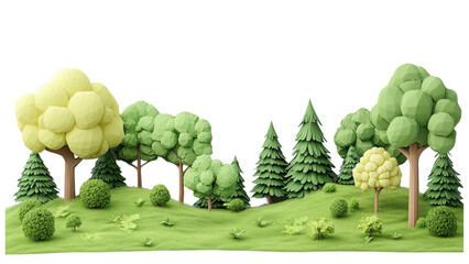 A whimsical cartoon depiction of a forest with green and yellow trees, grass, and bushes.
