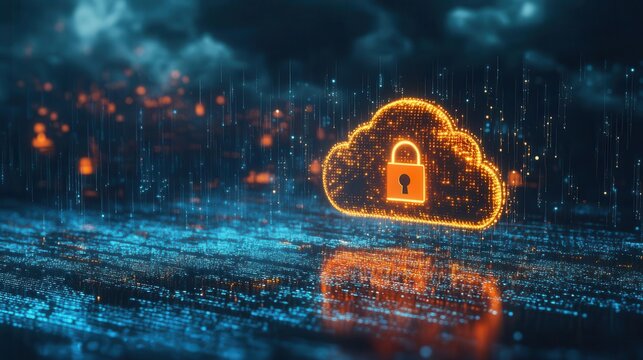 cybersecurity concept glowing cloud icon with digital lock binary code rain dark tech background