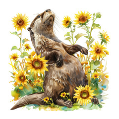 A playful otter rolls in a field of sunflowers with a dark background.
