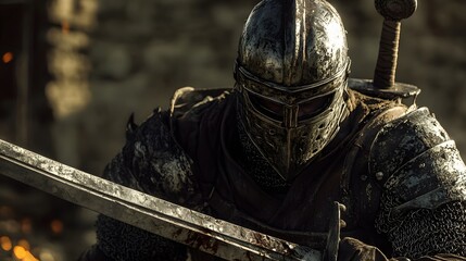 46. **A crusader with a large sword and full plate armor, poised for battle